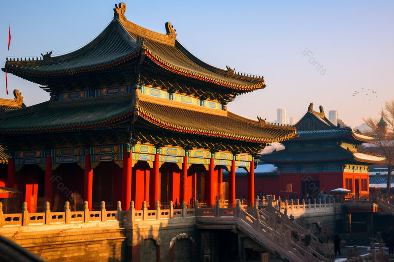 夕阳下的古代角楼建筑精美雕花设计,高清,摄影图,摄影图片,图片大全,摄影图免费下载